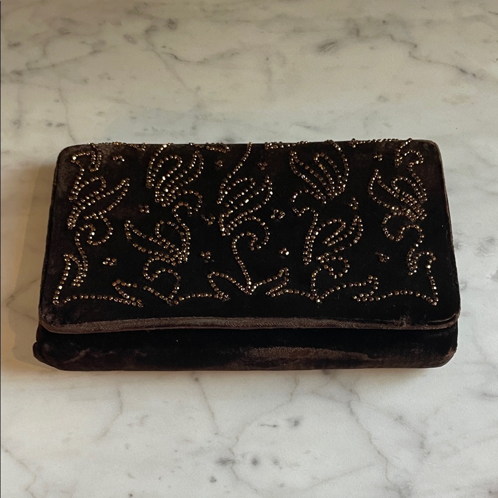 Vintage Soure of New York Elegant Brown Velvet Beaded Clutch